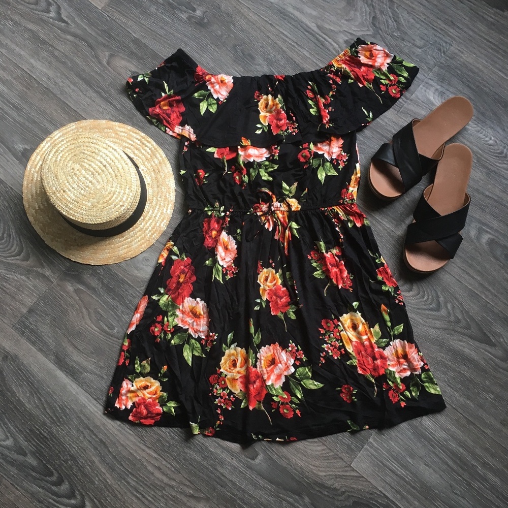 Black and Red Floral Off-Shoulder Dress